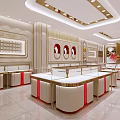Elegant Jewelry Store Interior Design Featuring Bright Lighting And Red White Display Counters 3d model