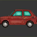 Red Vintage Small Car With Rusty Body And Blue Windows On Shiny Surface