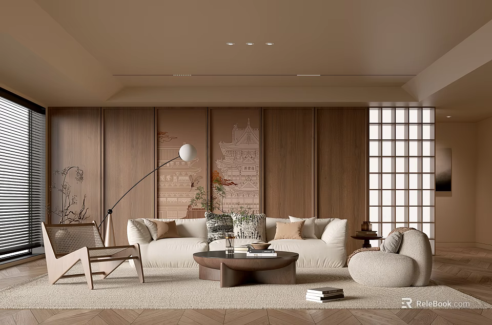 Modern Living Room Interior With Wooden Walls Sofa Coffee Table Floor Lamp And Rug 3d model 