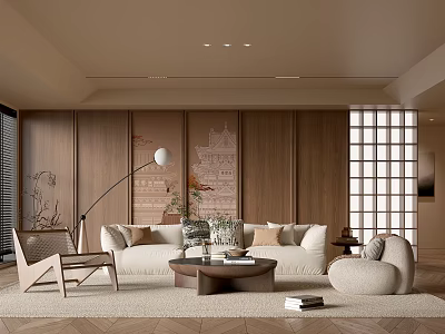 Modern Living Room Interior With Wooden Walls Sofa Coffee Table Floor Lamp And Rug 3d model