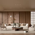 Modern Living Room Interior With Wooden Walls Sofa Coffee Table Floor Lamp And Rug
