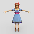 3D Character With Red Hair Blue Dress Pink Belt Yellow Purple Trim Sandals Arms Outstretched