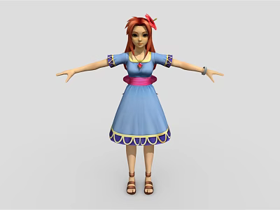 3D Character With Red Hair Blue Dress Pink Belt Yellow Purple Trim Sandals Arms Outstretched 3d model