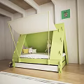 Green Tent Shaped Children's Bed With White Canopy Stuffed Toys Decorative Paintings And Floor Lamp