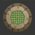 Circular Decorative Object With Green Grid Center And Moss Covered Petal Edges
