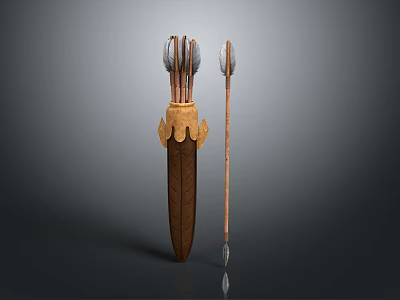 Traditional Ancient Weapon With Wooden Quiver Multiple Arrows And Carved Decoration 3d model