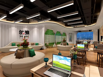 Modern Public Office Space Interior With Open Layout Comfortable Sofas And Laptops 3d model