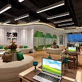 Modern Public Office Space Interior With Open Layout Comfortable Sofas And Laptops 3d model