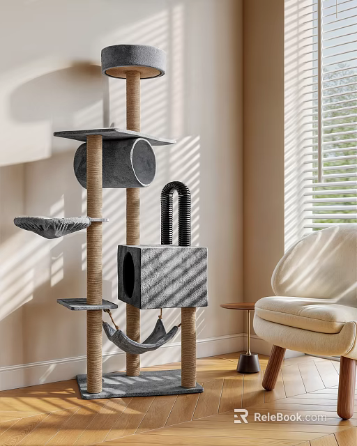 Gray Plush Cat Tree With Platforms Hammock And Condo In Living Room Natural Light 3d model 
