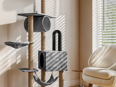Gray Plush Cat Tree With Platforms Hammock And Condo In Living Room Natural Light 3d model