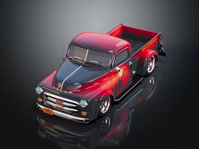 Classic Red Pickup Truck With Custom Flame Graphics And Shiny Finish 3d model