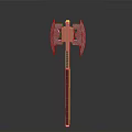 Decorative Double Bladed Axe With Metal Blades Red And Brown Handle And Intricate Design