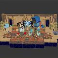 Colorful Stage Scene Construction With Blue Characters Red Platforms And Wooden Decorations