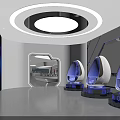 Futuristic Tech Inspired Interior With Egg Shaped Seats Ring Lighting And Blue Screen