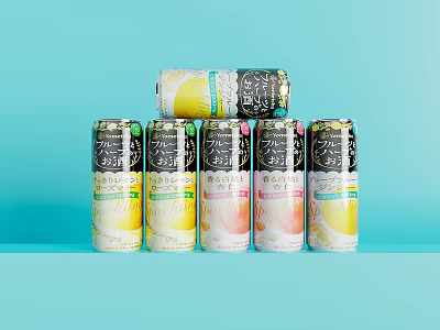 Refreshing Beverage Cans With Various Flavors And Fruit Patterns On Light Blue Background 3d model