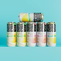 Refreshing Beverage Cans With Various Flavors And Fruit Patterns On Light Blue Background