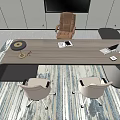 Modern Wooden Office Desk With Brown Chair White Chairs Notebook Phone Table Lamp And Carpet