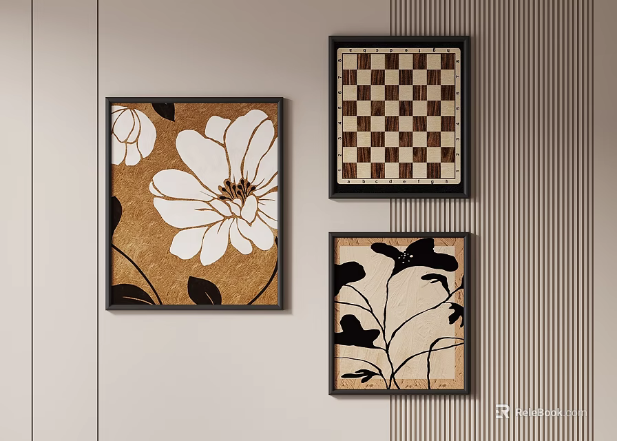 Abstract Paintings With White Flowers Brown Background Checkerboard Pattern And Black Leaves Hanging On Wall 3d model