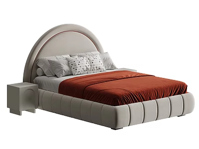 Light Gray Upholstered Kids Bed With Arched Headboard Geometric Pillows Red Quilt And Matching Nightstand 3d model