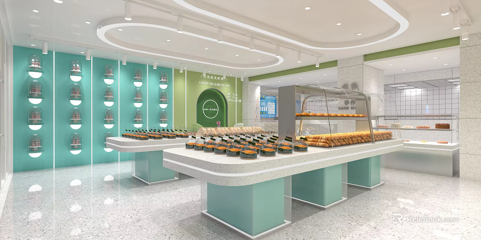 Modern Bright Dessert Shop Interior With Light Green Walls And Display Counters Filled With Desserts 3d model 