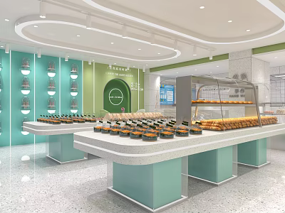 Modern Bright Dessert Shop Interior With Light Green Walls And Display Counters Filled With Desserts 3d model