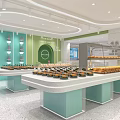 Modern Bright Dessert Shop Interior With Light Green Walls And Display Counters Filled With Desserts