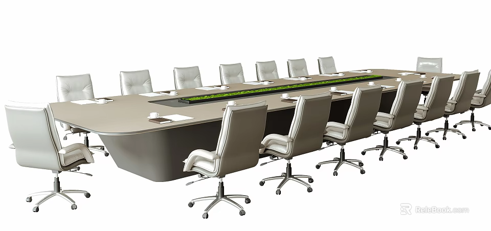 Modern Conference Room Large Gray Table And Leather Chairs Furniture Set 3d model 