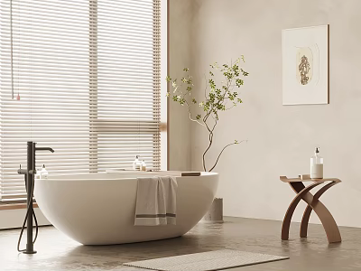 Serene Bathroom Interior With White Freestanding Bathtub Blinds Plant Side Table And Wall Art 3d model