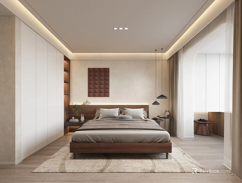 Modern Bedroom Interior Design Featuring Wooden Bed Textured Wall Panel And Pendant Lights 3d model 