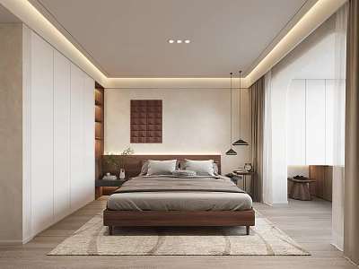 Modern Bedroom Interior Design Featuring Wooden Bed Textured Wall Panel And Pendant Lights 3d model