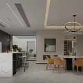 Modern Minimalist Open Concept Dining And Living Space With Integrated Kitchen And Stylish Pendant Light