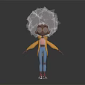 Cartoon Character With Afro Hairstyle Glasses Yellow Coat Pink Top Blue Ripped Jeans Red Sneakers