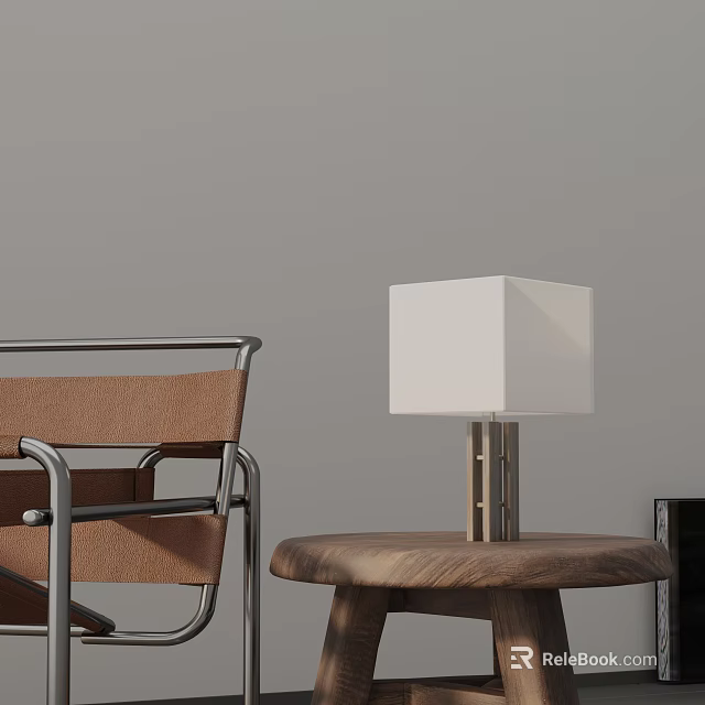 White Square Shade Table Lamp On Wooden Table With Brown Leather Chair And Gray Wall 3d model 
