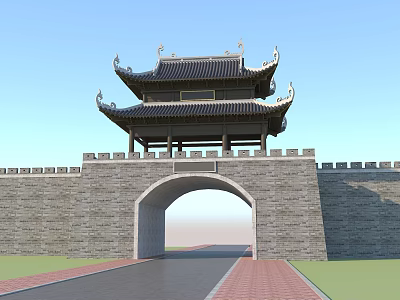 Ancient Chinese Architecture City Gate Tower with Three Tiered Roof Stone Wall and Arched Gateway 3d model