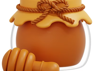 Sweet Natural Honey In Glass Jar With Yellow Lid Twisted Rope Knot And Wooden Dipper 3d model