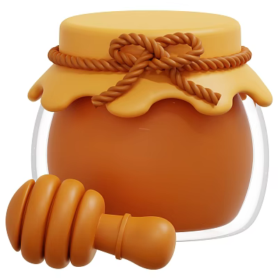 Sweet Natural Honey In Glass Jar With Yellow Lid Twisted Rope Knot And Wooden Dipper 3d model