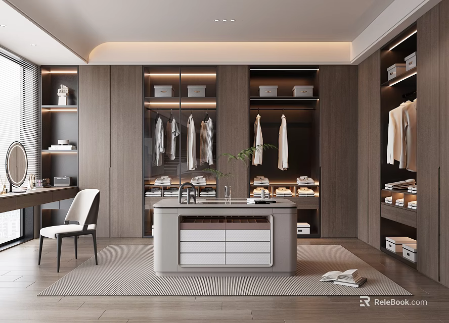 Modern Walk-in Closet Interior Design With Wooden Cabinets Hanging Clothes And Central Storage Drawers 3d model 
