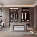 Modern Walk-in Closet Interior Design With Wooden Cabinets Hanging Clothes And Central Storage Drawers