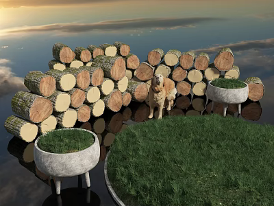 Stacked Wood Logs With Stone Planters Holding Grass Water Reflection Under Sky 3d model