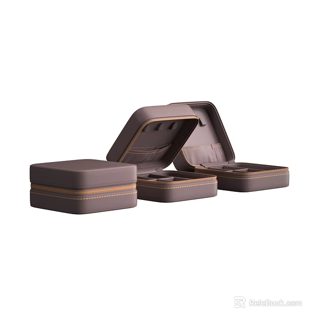 Three Brown Jewelry Storage Boxes With One Open And Interior Compartments 3d model