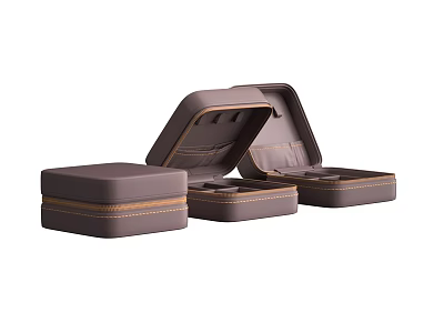 Three Brown Jewelry Storage Boxes With One Open And Interior Compartments 3d model
