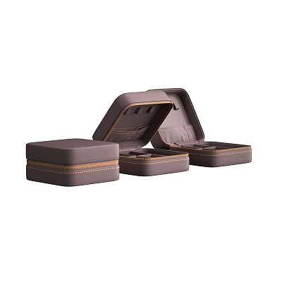 Three Brown Jewelry Storage Boxes With One Open And Interior Compartments 3d model