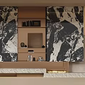 Modern Beige Background Wall With Black Marble Texture Minimalist Shelf Spherical Decor And Wooden Elements
