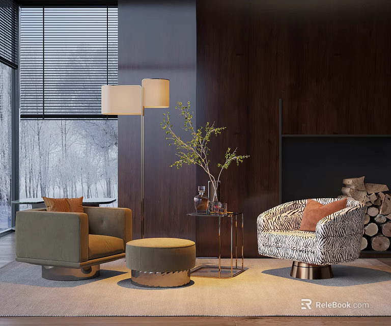 Cozy Green Patterned Armchairs Small Coffee Table Ottoman Floor Lamp Plant Dark Wooden Wall Fireplace 3d model 