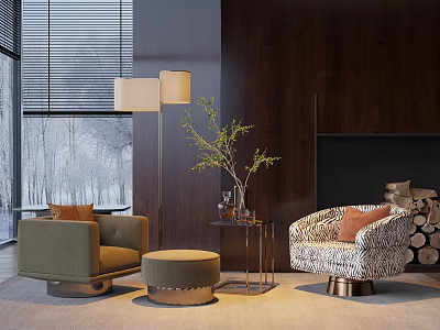 Cozy Green Patterned Armchairs Small Coffee Table Ottoman Floor Lamp Plant Dark Wooden Wall Fireplace 3d model