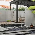 Japanese Style Garden With Stone Path Rock Formations Colorful Trees Lanterns And Green Plants