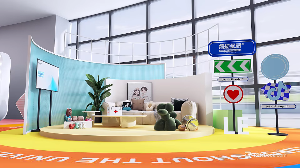 Bright Photo Check In Spot With Large Windows Sofa Plants And Direction Signs 3d model 