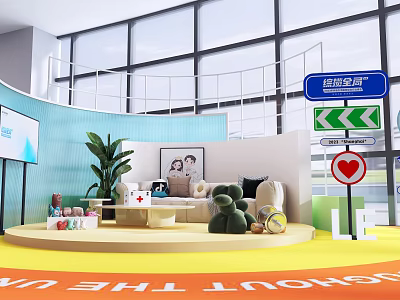 Bright Photo Check In Spot With Large Windows Sofa Plants And Direction Signs 3d model