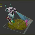 Solar Powered Robot Projecting Blue Light On White Daisy Over Green Grass