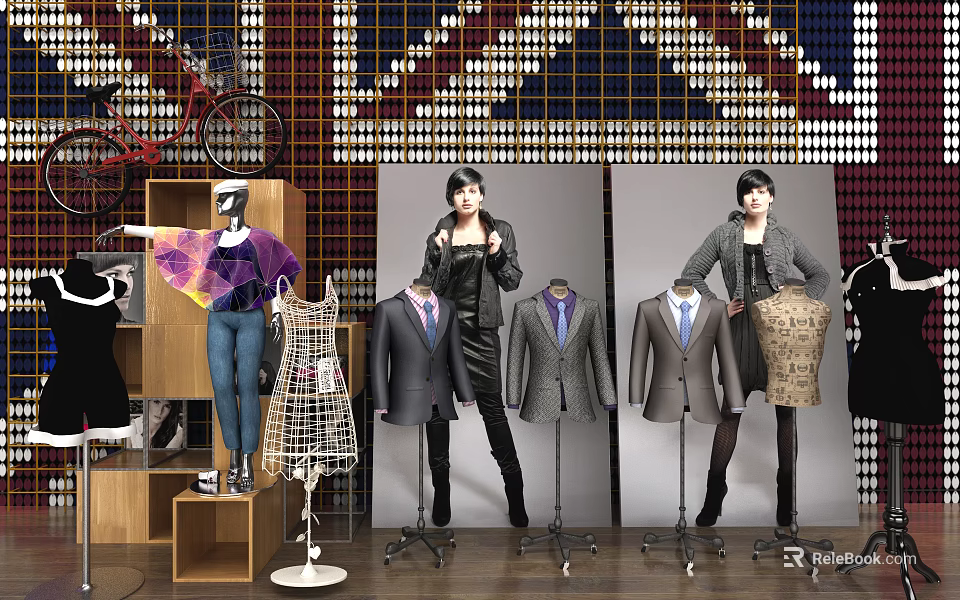 Fashion Model with Mannequins Displaying Suits Dresses and Clothing Against Union Jack Background with Bicycle 3d model 